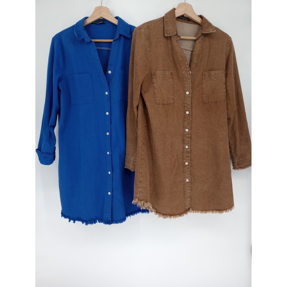 Zilcremo Shirt Dress Womens L/M Blue Brown Frayed Hem Denim Tunic Shacket Dress